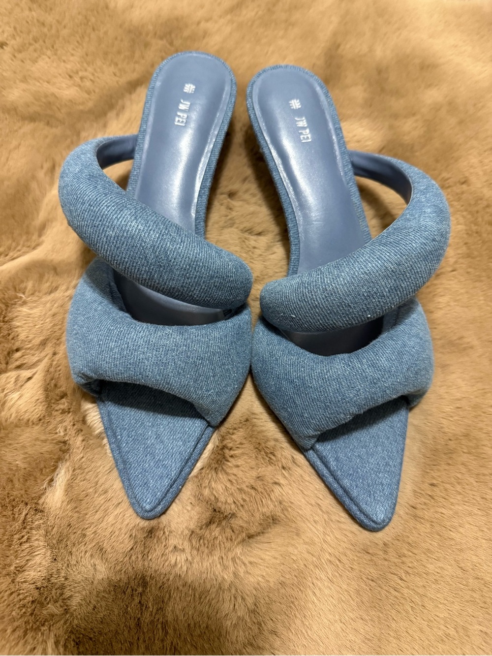 JW PEI Blue Denim Pointed Toe Slide Mules